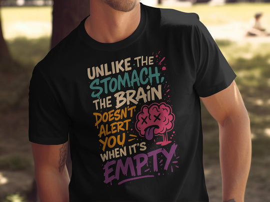 funny men's t-shirt with 'brain empty' quote and cartoon brain graphic