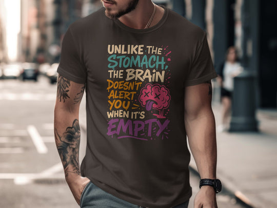 funny men's t-shirt with 'brain empty' quote and cartoon brain graphic