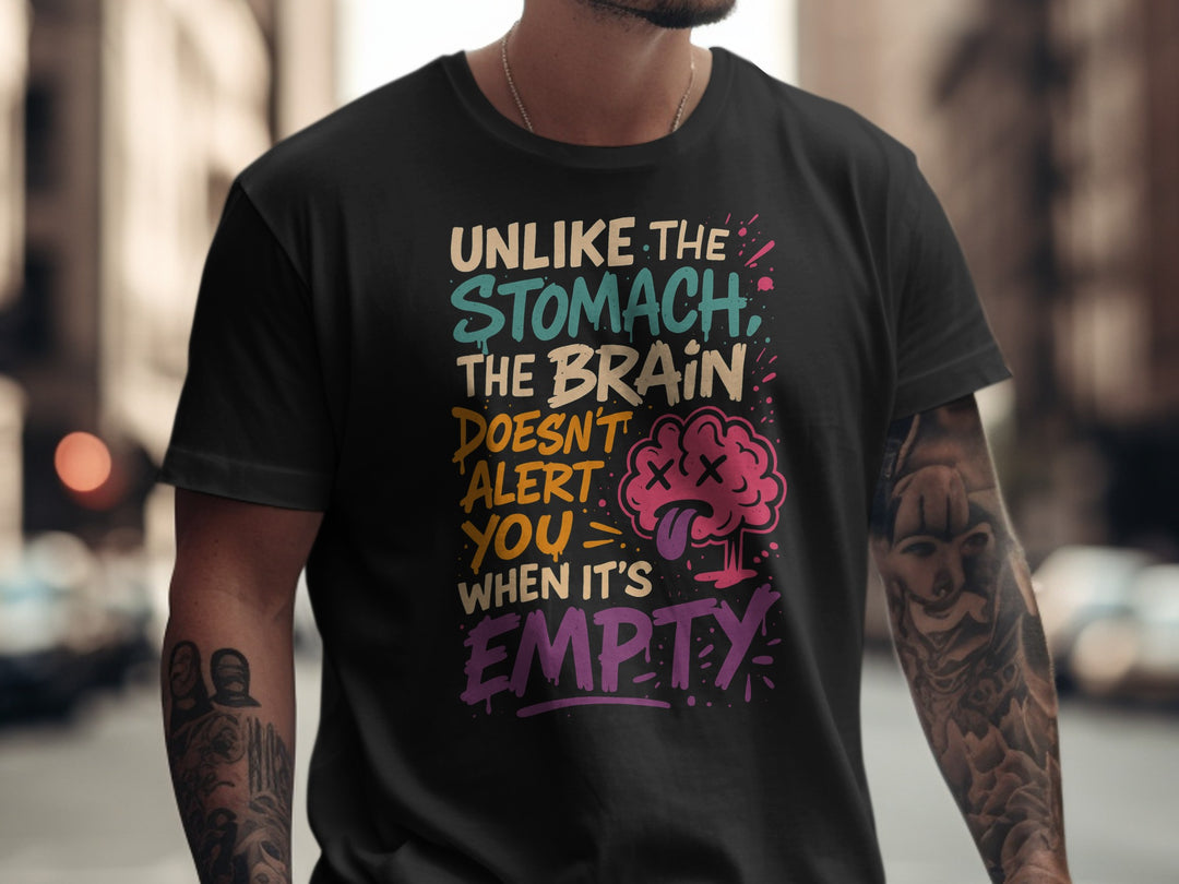 funny men's t-shirt with 'brain empty' quote and cartoon brain graphic