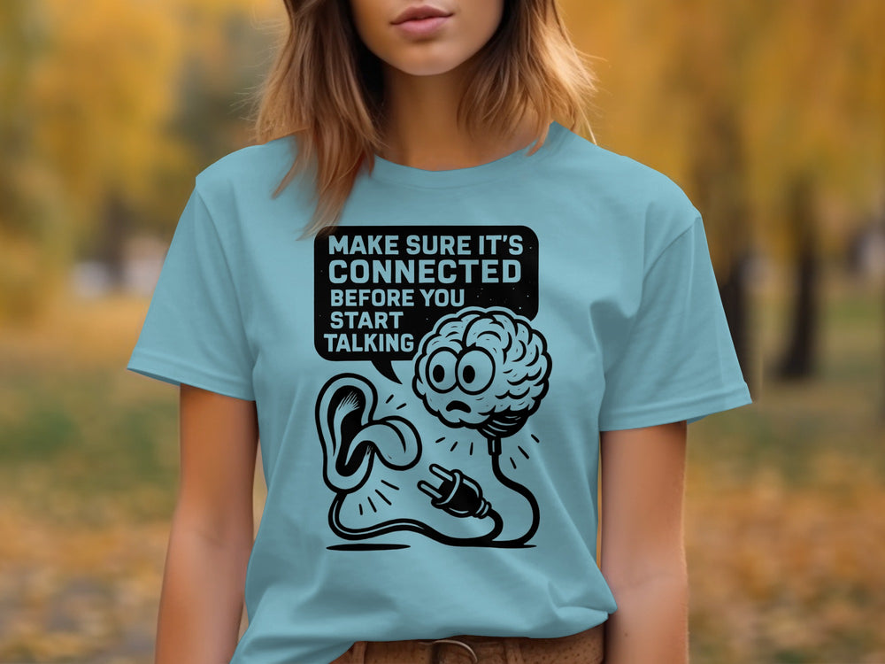 think before you speak t-shirt with brain, ear and plug, women’s graphic tee