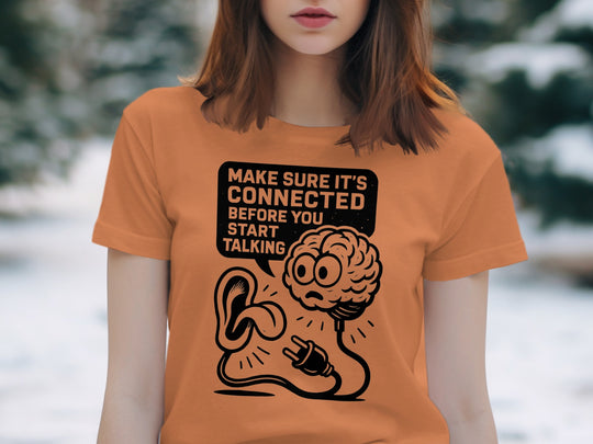 think before you speak t-shirt with brain, ear and plug, women’s graphic tee