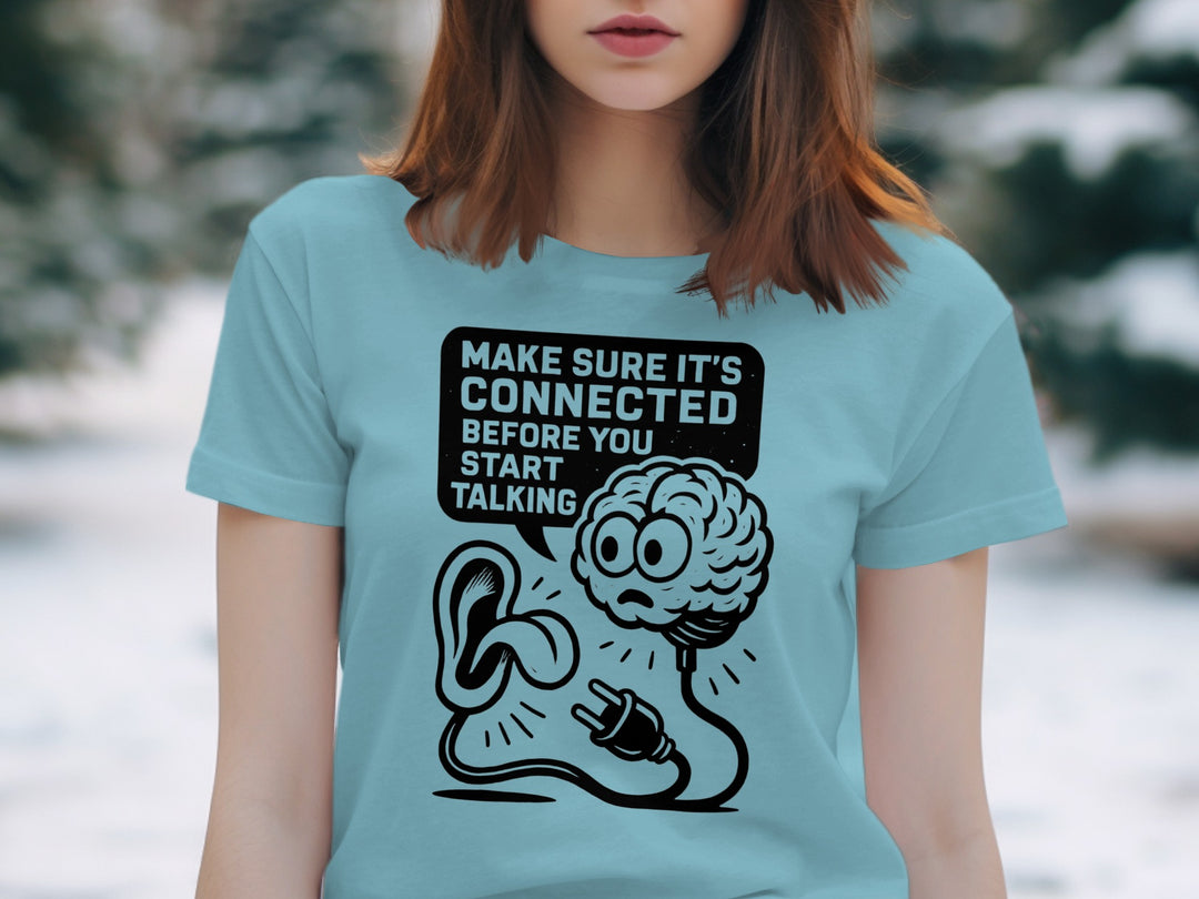 think before you speak t-shirt with brain, ear and plug, women’s graphic tee