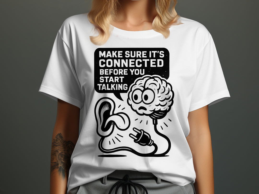 think before you speak t-shirt with brain, ear and plug, women’s graphic tee