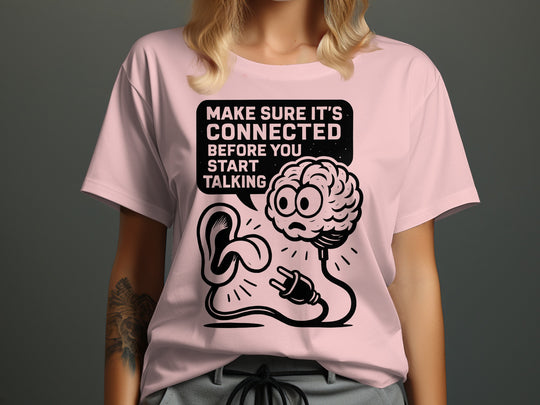 think before you speak t-shirt with brain, ear and plug, women’s graphic tee