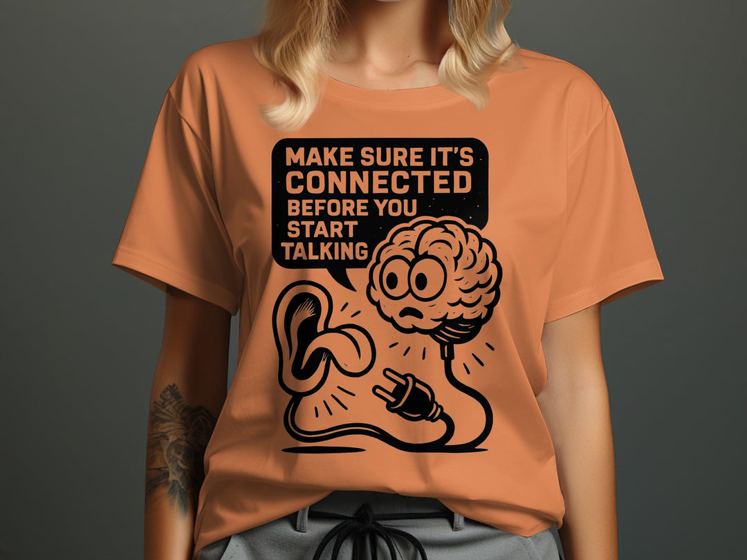 think before you speak t-shirt with brain, ear and plug, women’s graphic tee