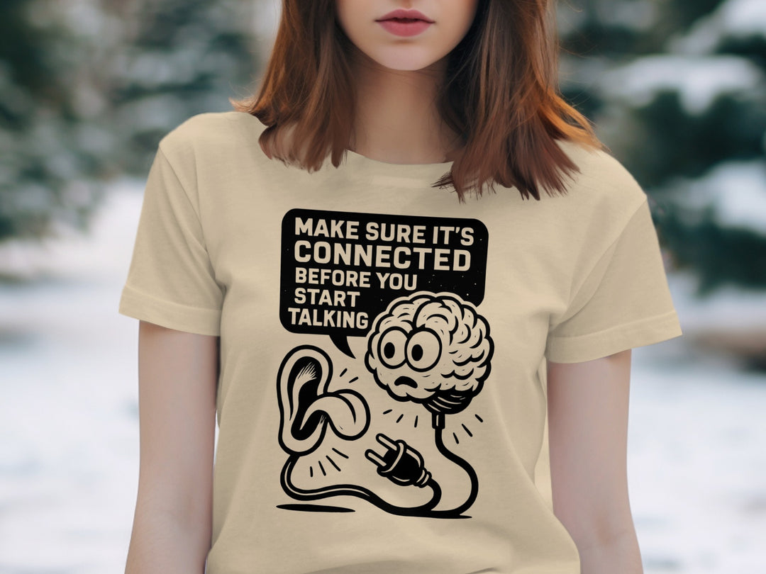 think before you speak t-shirt with brain, ear and plug, women’s graphic tee