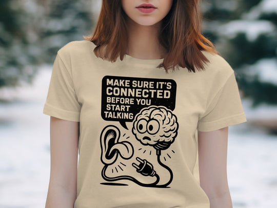 think before you speak t-shirt with brain, ear and plug, women’s graphic tee