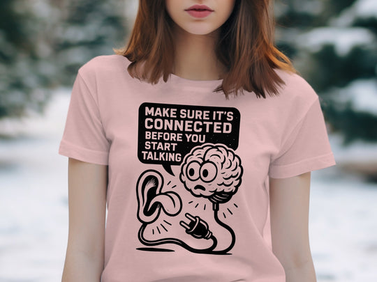 think before you speak t-shirt with brain, ear and plug, women’s graphic tee