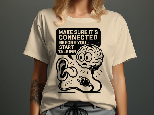 think before you speak t-shirt with brain, ear and plug, women’s graphic tee
