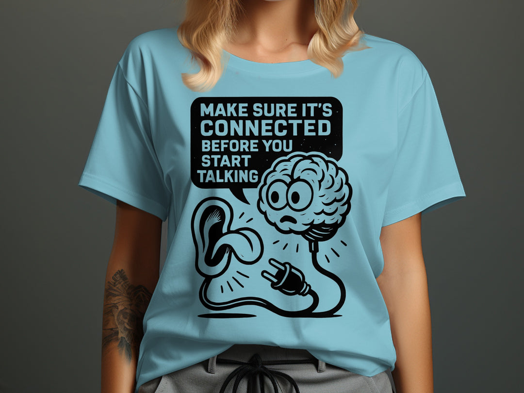 think before you speak t-shirt with brain, ear and plug, women’s graphic tee