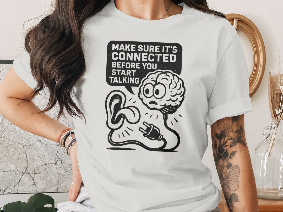 think before you speak t-shirt with brain, ear and plug, women’s graphic tee