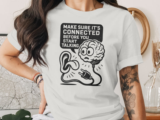 think before you speak t-shirt with brain, ear and plug, women’s graphic tee