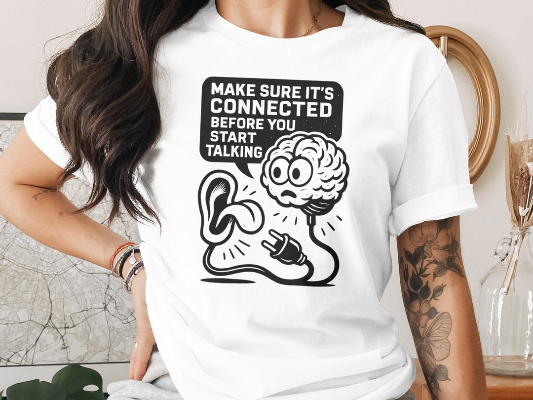 think before you speak t-shirt with brain, ear and plug, women’s graphic tee