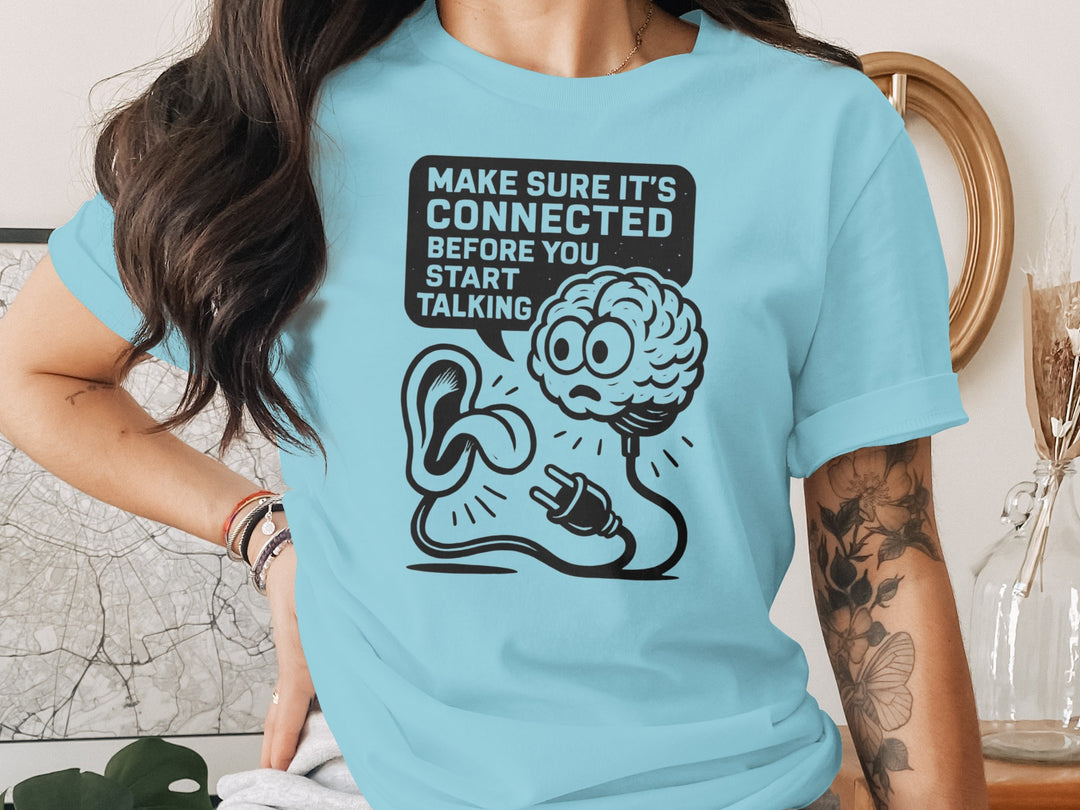 think before you speak t-shirt with brain, ear and plug, women’s graphic tee