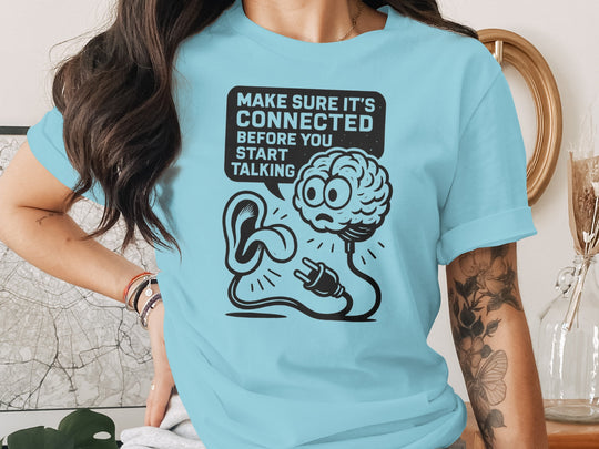 think before you speak t-shirt with brain, ear and plug, women’s graphic tee