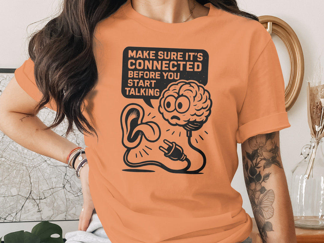 think before you speak t-shirt with brain, ear and plug, women’s graphic tee