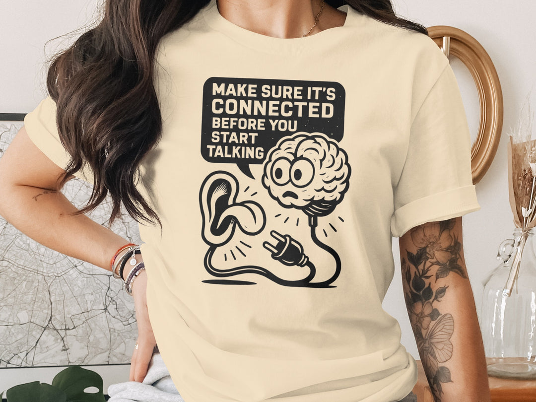 think before you speak t-shirt with brain, ear and plug, women’s graphic tee