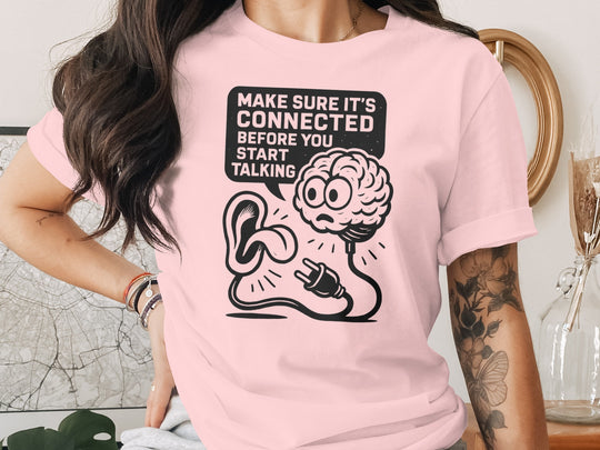 think before you speak t-shirt with brain, ear and plug, women’s graphic tee