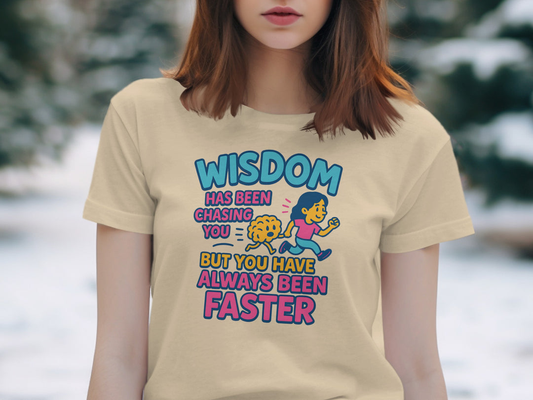 funny wisdom t-shirt with running woman and brain, women’s graphic tee