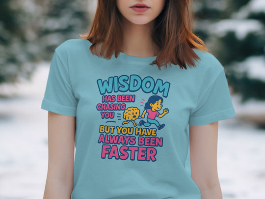 funny wisdom t-shirt with running woman and brain, women’s graphic tee