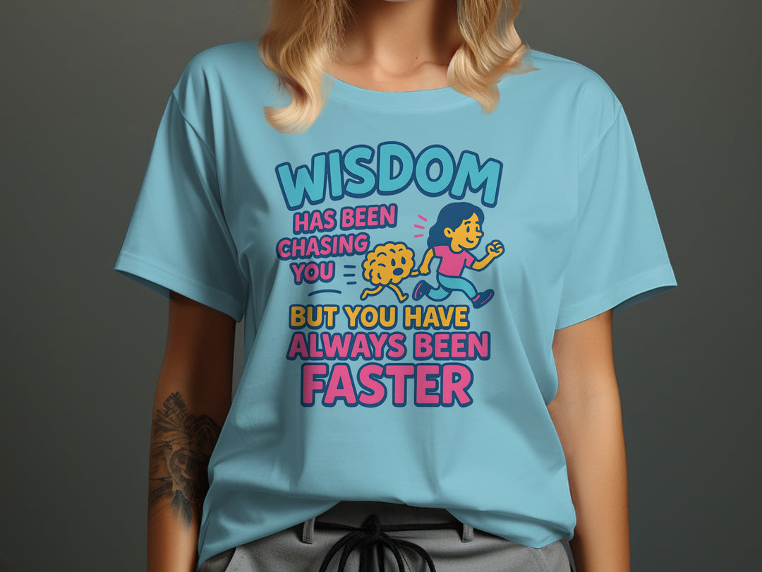 funny wisdom t-shirt with running woman and brain, women’s graphic tee