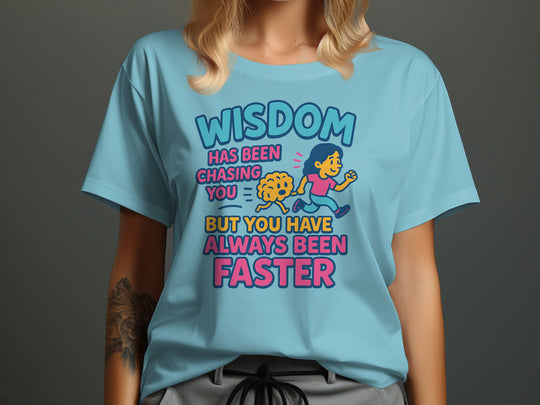 funny wisdom t-shirt with running woman and brain, women’s graphic tee