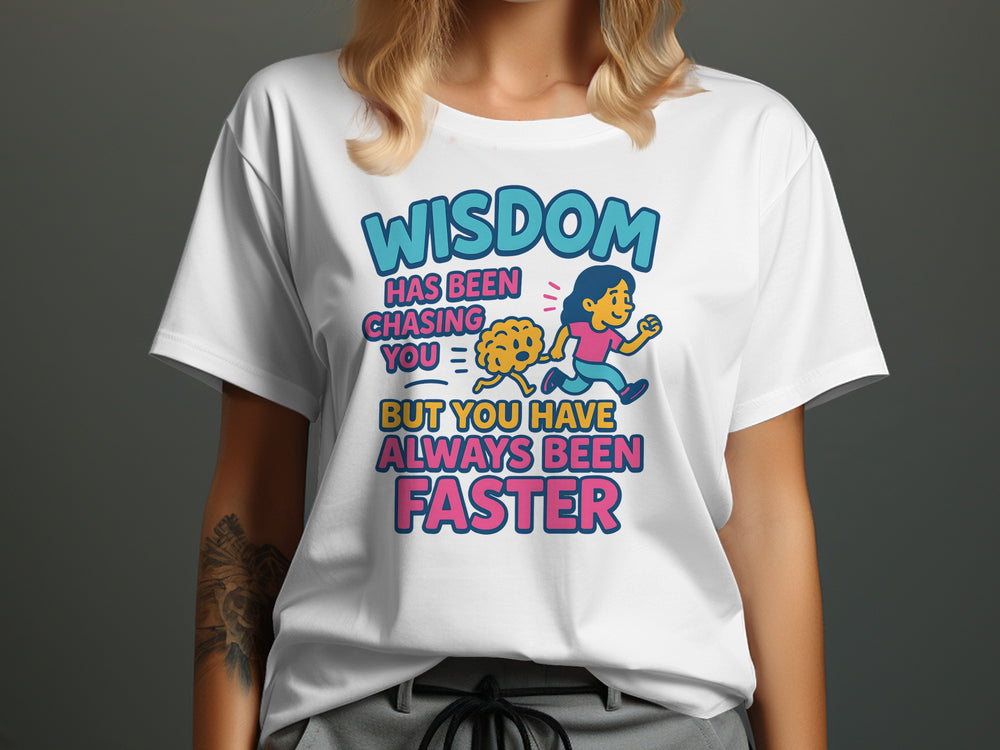 funny wisdom t-shirt with running woman and brain, women’s graphic tee