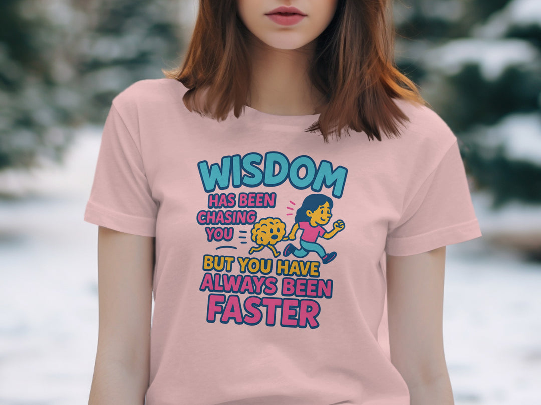 funny wisdom t-shirt with running woman and brain, women’s graphic tee