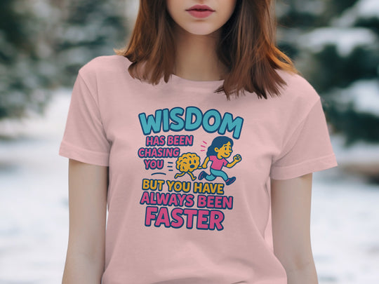 funny wisdom t-shirt with running woman and brain, women’s graphic tee