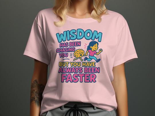funny wisdom t-shirt with running woman and brain, women’s graphic tee