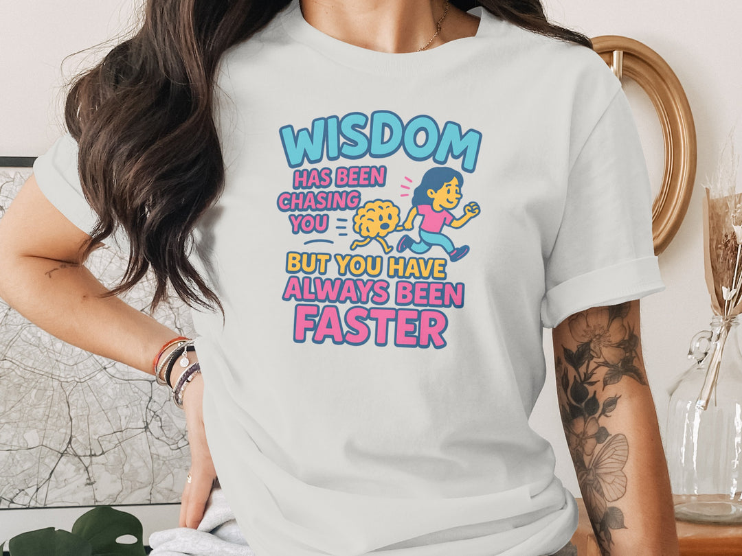 funny wisdom t-shirt with running woman and brain, women’s graphic tee
