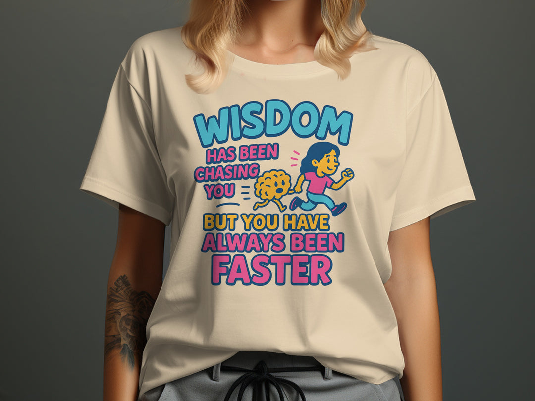 funny wisdom t-shirt with running woman and brain, women’s graphic tee