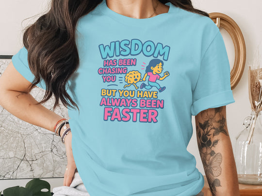 funny wisdom t-shirt with running woman and brain, women’s graphic tee