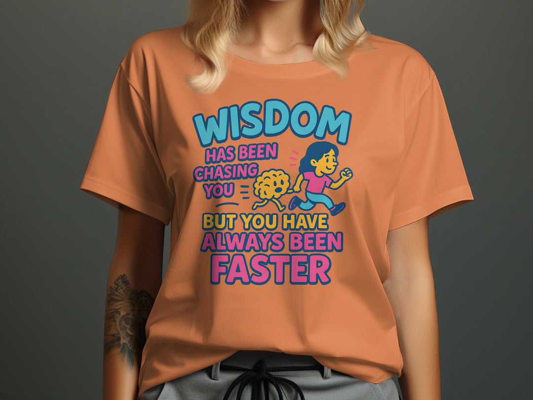 funny wisdom t-shirt with running woman and brain, women’s graphic tee