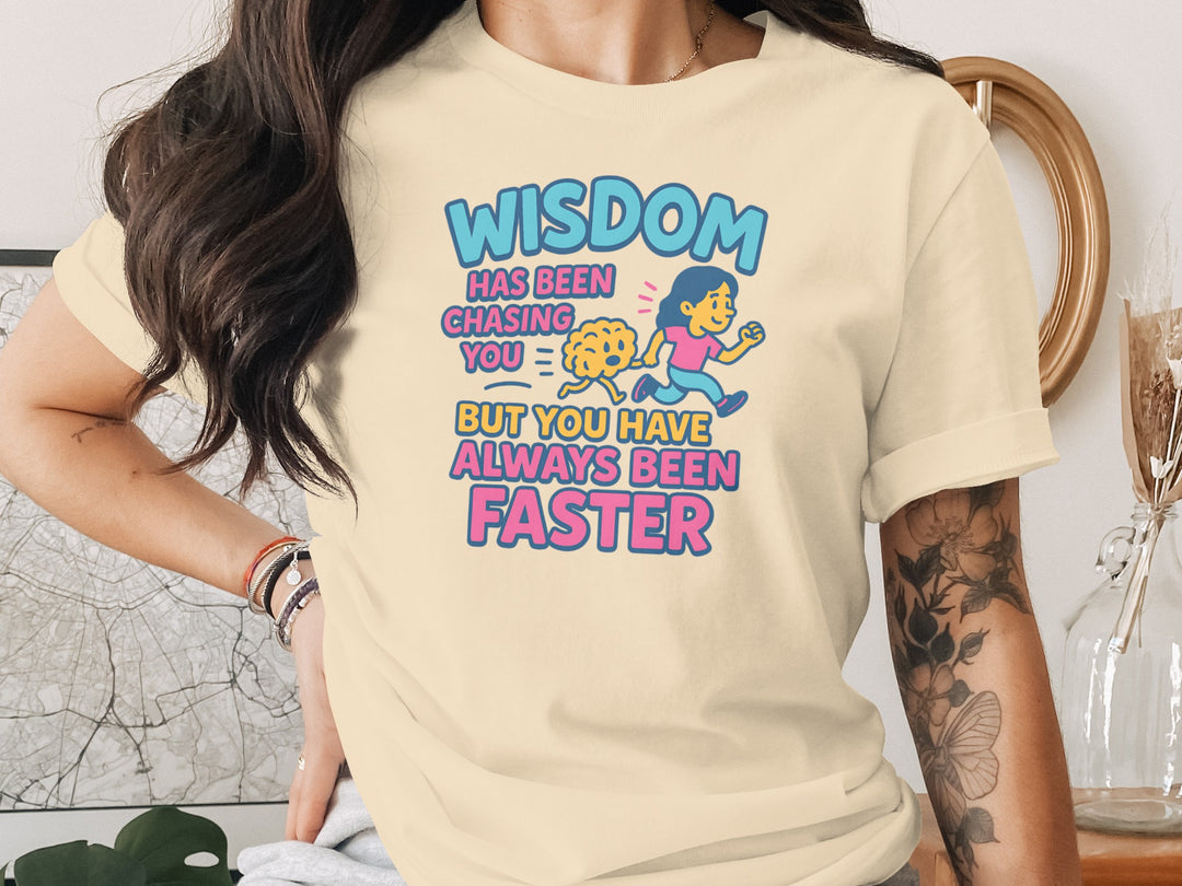 funny wisdom t-shirt with running woman and brain, women’s graphic tee