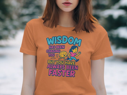 funny wisdom t-shirt with running woman and brain, women’s graphic tee