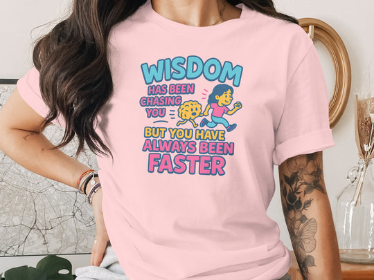 funny wisdom t-shirt with running woman and brain, women’s graphic tee