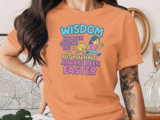 funny wisdom t-shirt with running woman and brain, women’s graphic tee