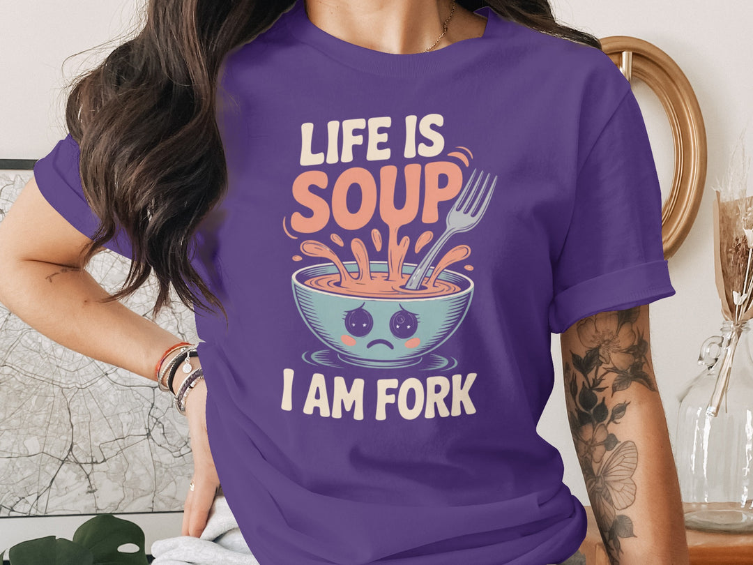 life is soup i am fork t-shirt with cute bowl and fork, women’s graphic tee
