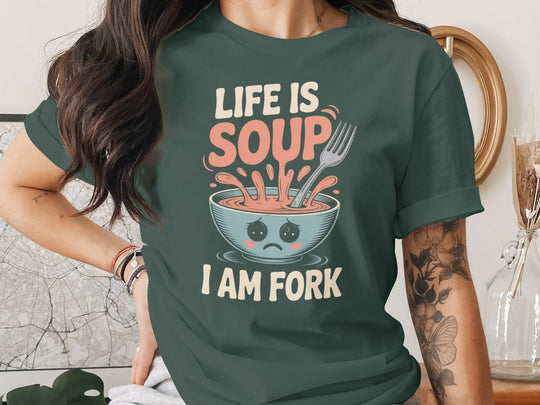 life is soup i am fork t-shirt with cute bowl and fork, women’s graphic tee
