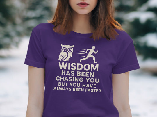 funny wisdom t-shirt with owl and runner quote, women’s graphic tee