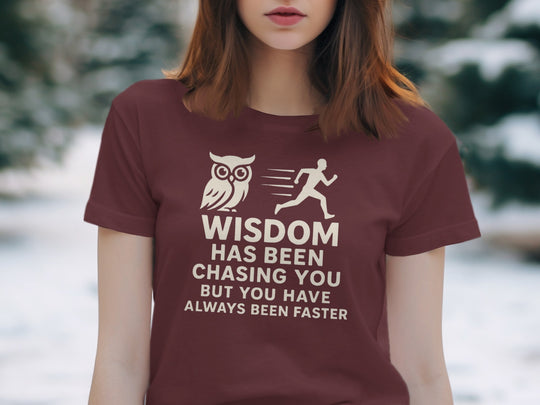 funny wisdom t-shirt with owl and runner quote, women’s graphic tee