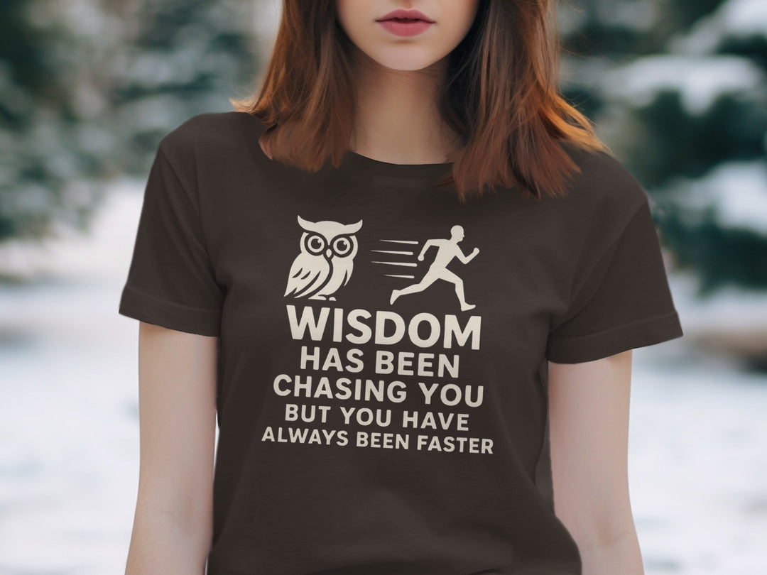 funny wisdom t-shirt with owl and runner quote, women’s graphic tee