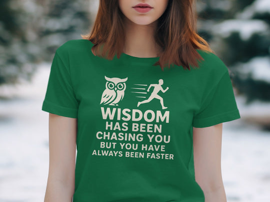 funny wisdom t-shirt with owl and runner quote, women’s graphic tee
