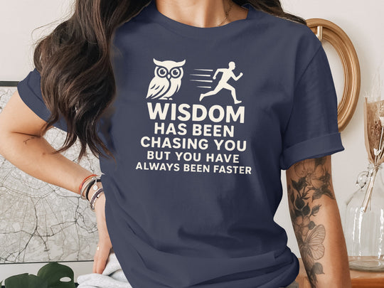 funny wisdom t-shirt with owl and runner quote, women’s graphic tee