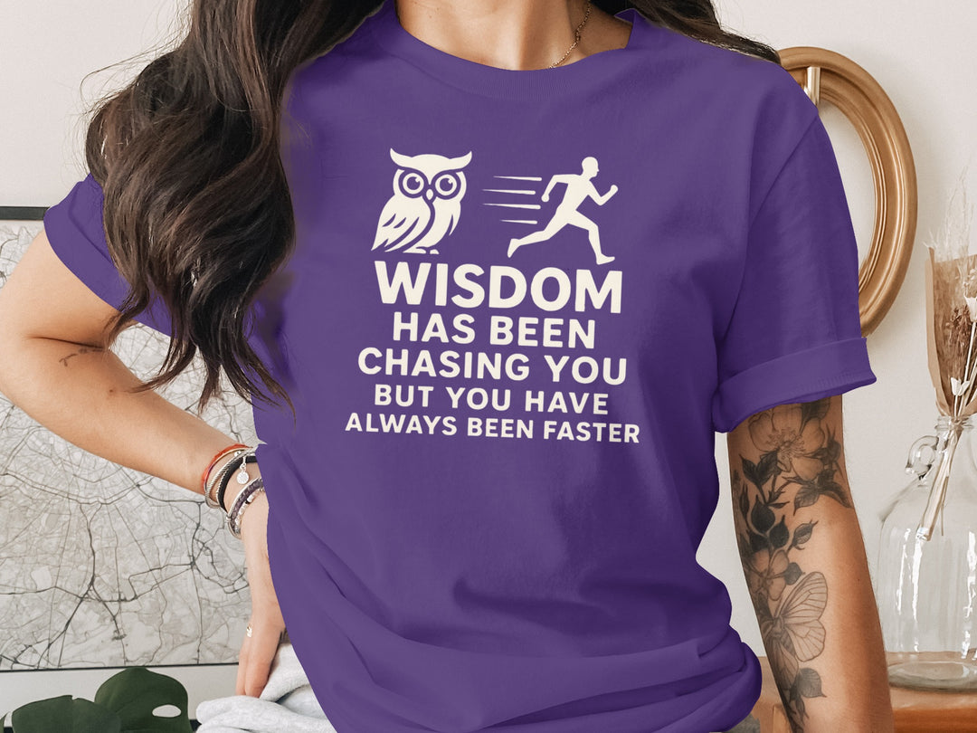 funny wisdom t-shirt with owl and runner quote, women’s graphic tee