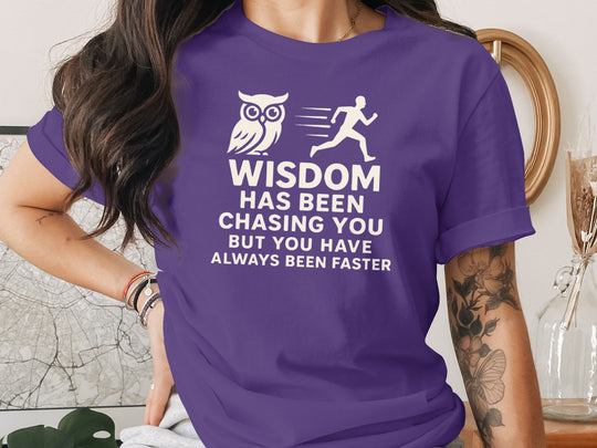 funny wisdom t-shirt with owl and runner quote, women’s graphic tee