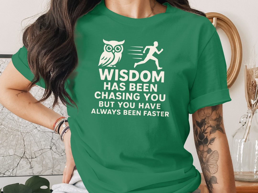 funny wisdom t-shirt with owl and runner quote, women’s graphic tee