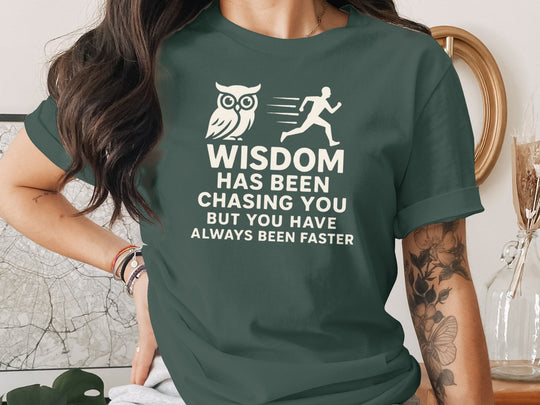 funny wisdom t-shirt with owl and runner quote, women’s graphic tee