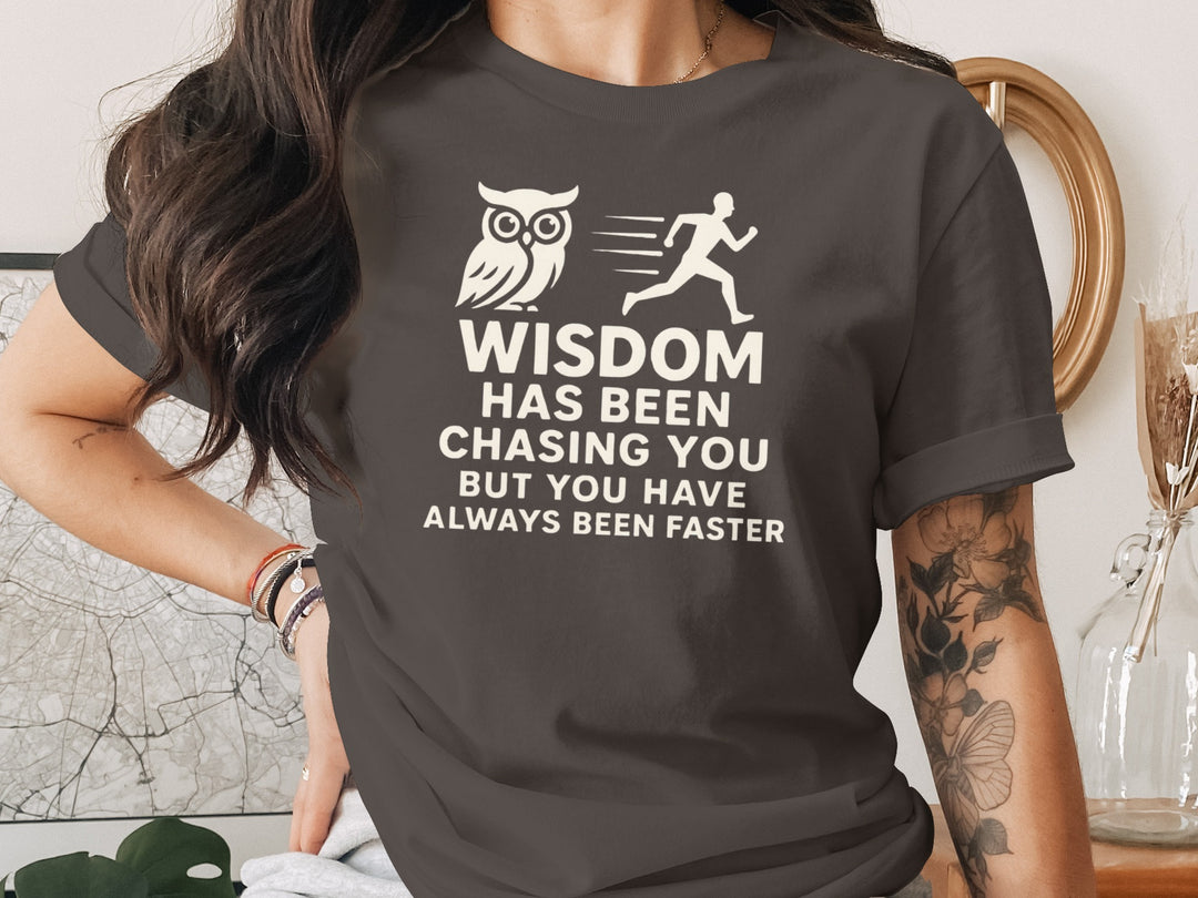 funny wisdom t-shirt with owl and runner quote, women’s graphic tee
